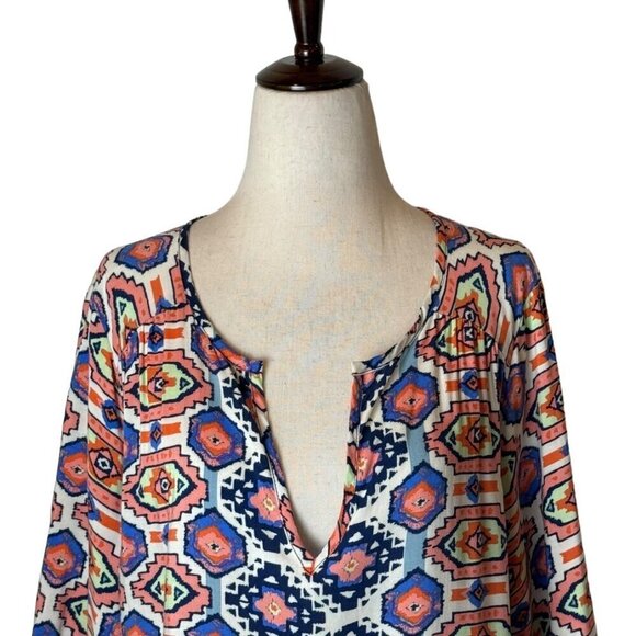 Glam Dress Women Medium Orange Blue Aztec Print V Neckline Long Sleeve‎ Mini - Picture 3 of 9